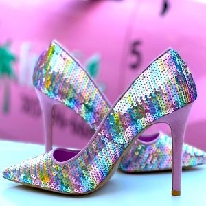 Qupid SHOW Mermaid Rainbow Pink Sequin Pointed Toe Stiletto Pump High Heels